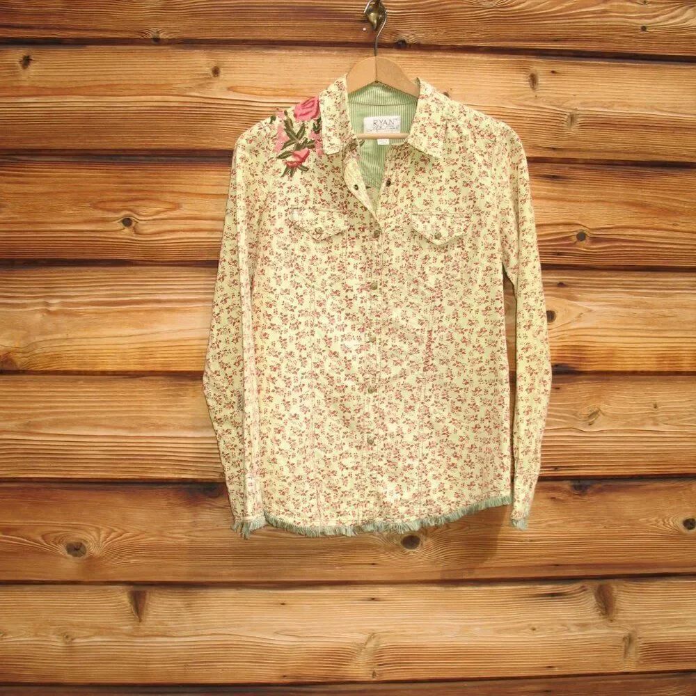Ryan Michael Linen Blend Floral Snap Front Top